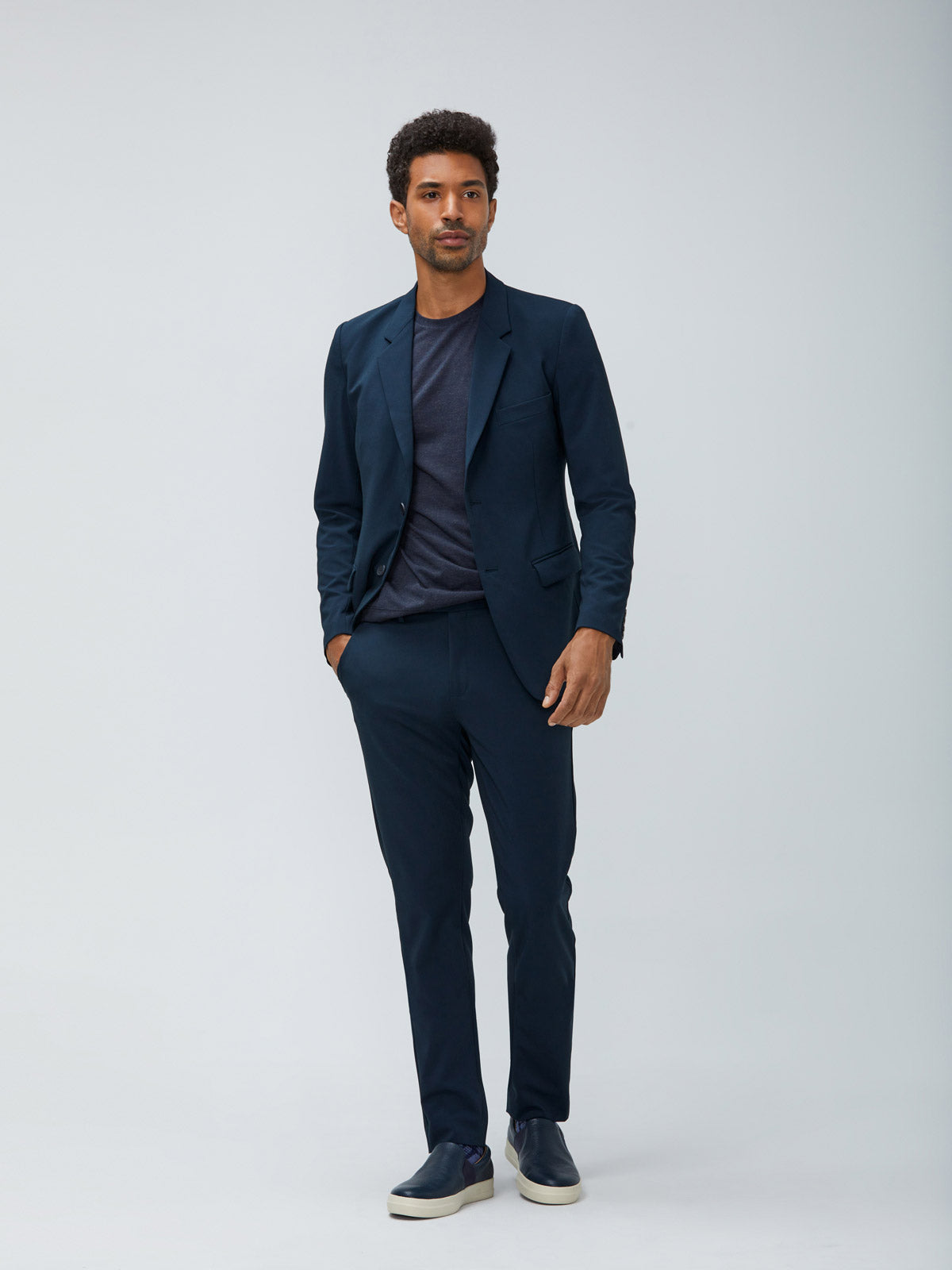 Mens Navy Velocity Blazer and Navy Velocity Pant and Navy Composite Merino Tee - On Model