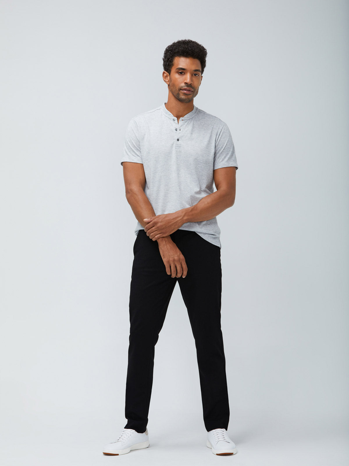 Mens Grey Heather Recycled Composite Merino Short Sleeve Henley and Black Velocity Dress Pant- On Model