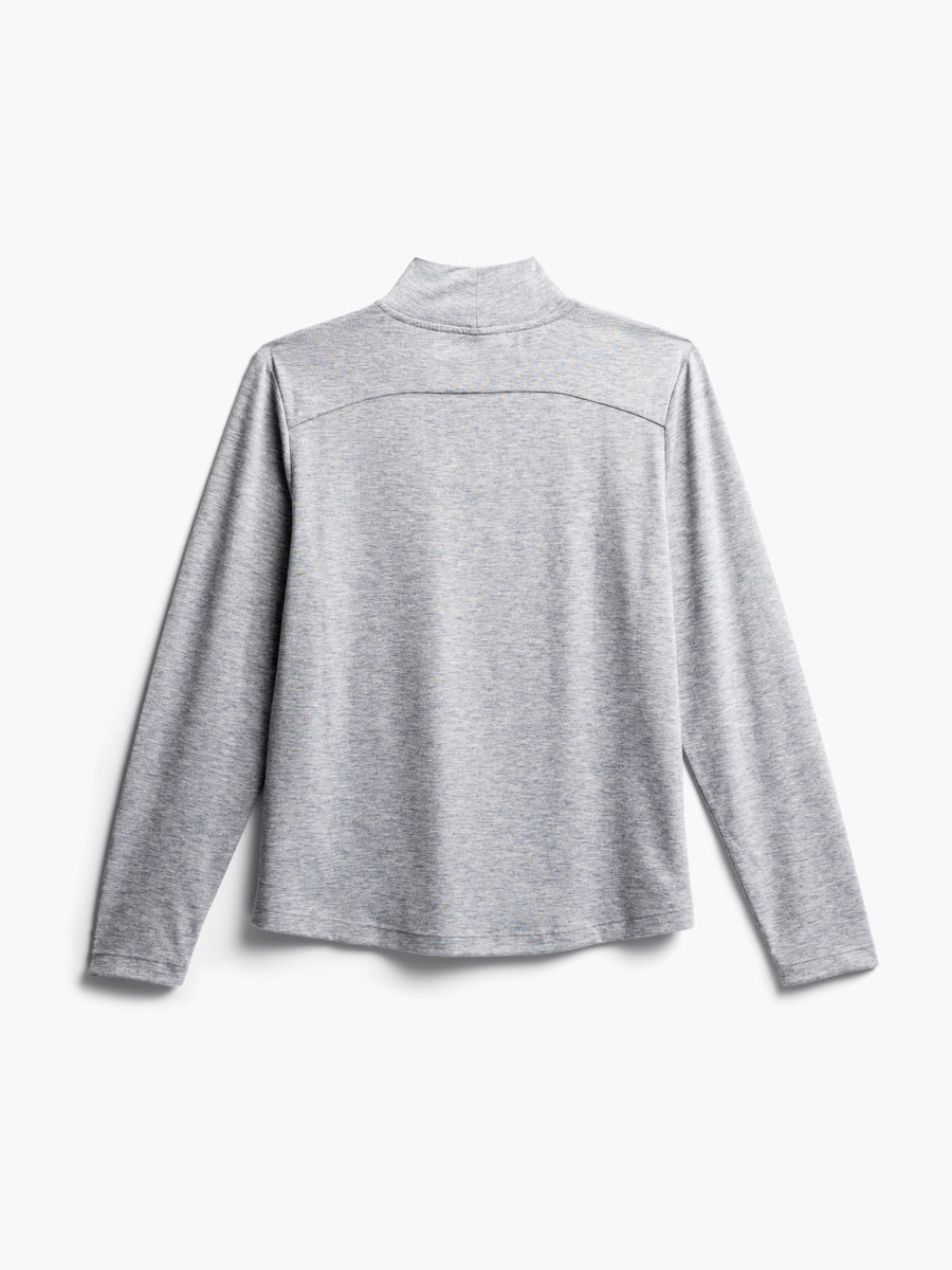 women's pale grey heather composite merino mock neck flat shot of back