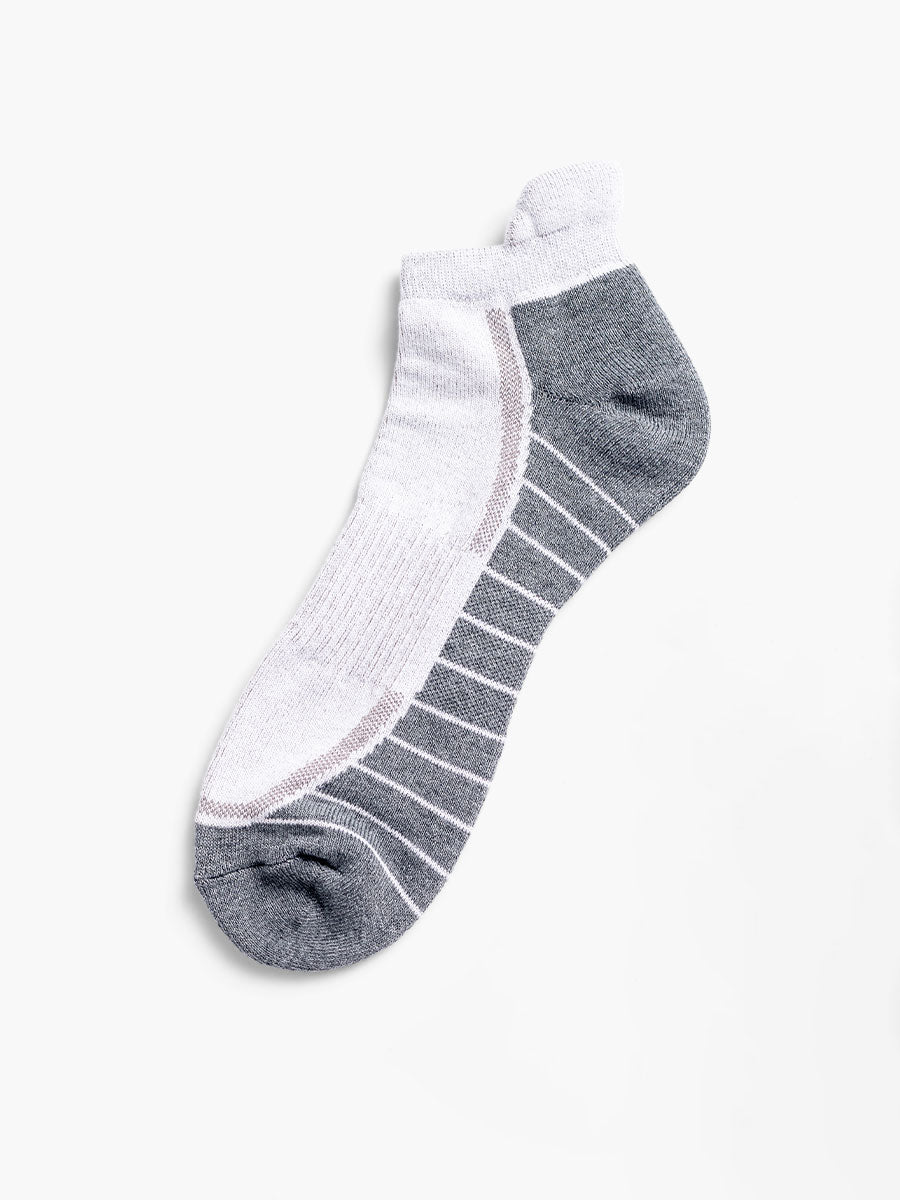 white/charcoal atlas ankle socks flat shot of sock