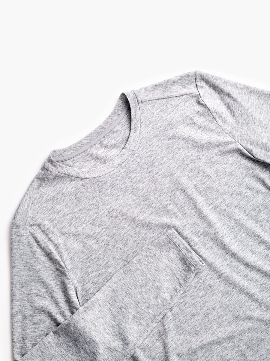 men's pale grey heather composite merino long sleeve tee zoomed shot of front