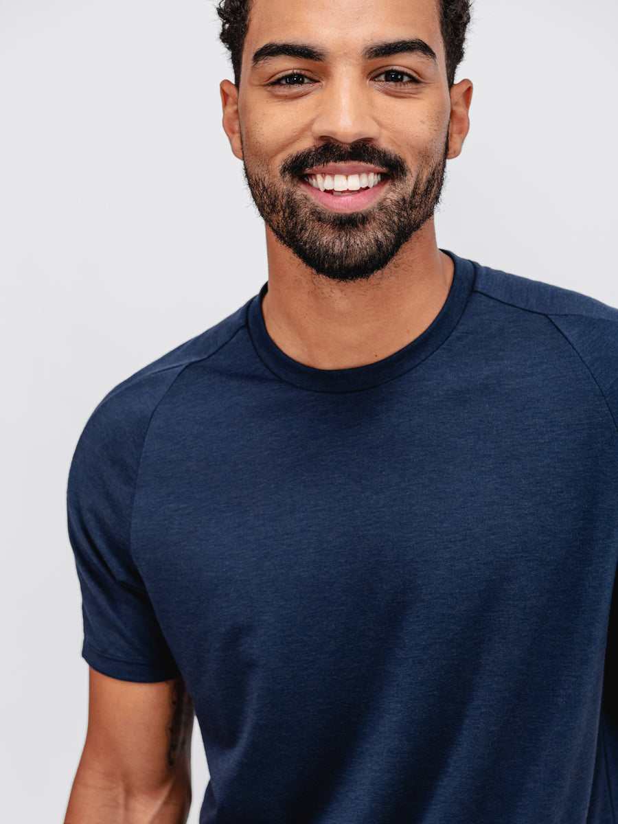 Close up of Men's Navy Composite Merino Active Tee on model