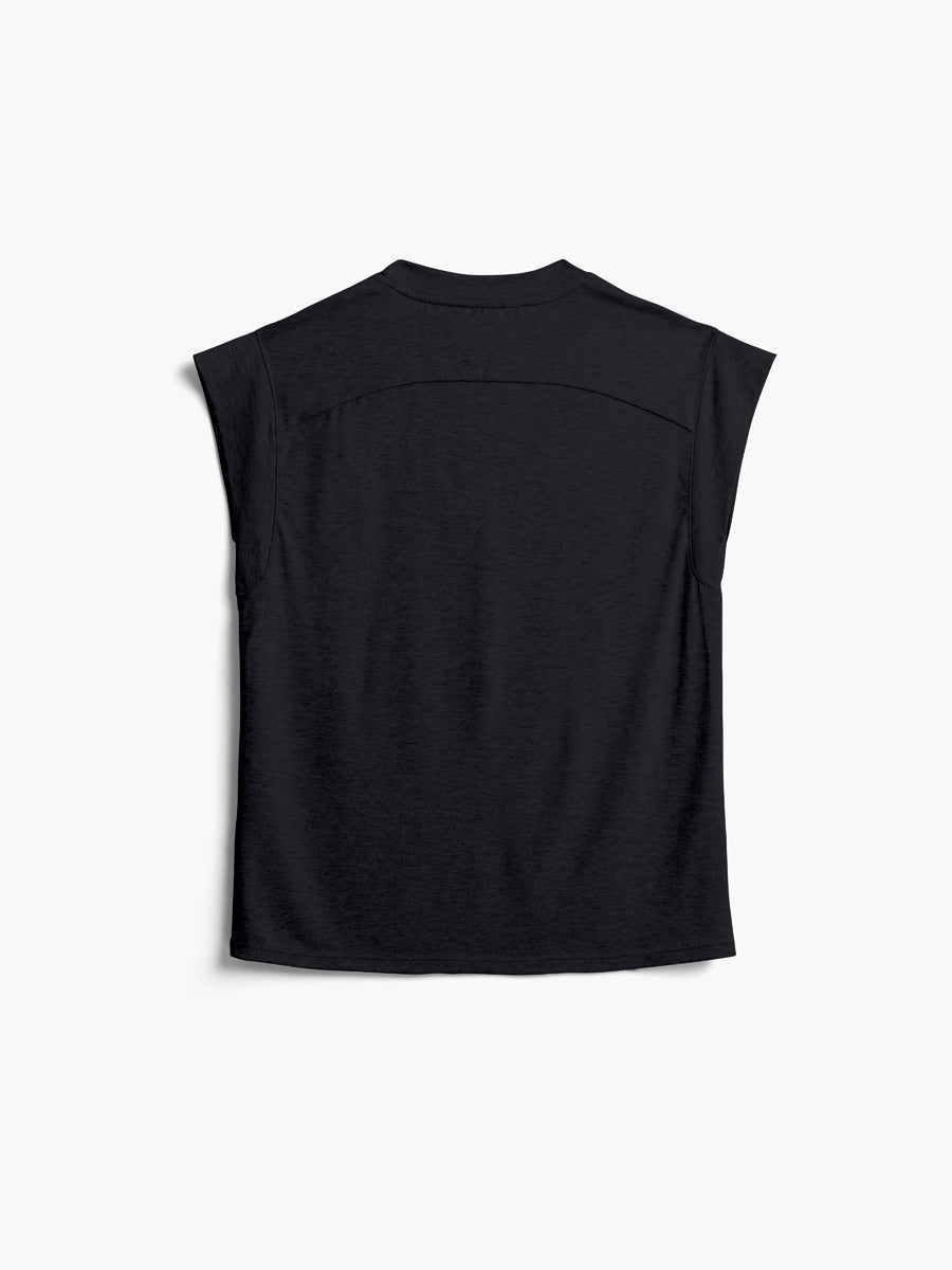 women's black composite merino v neck tee flat shot of back