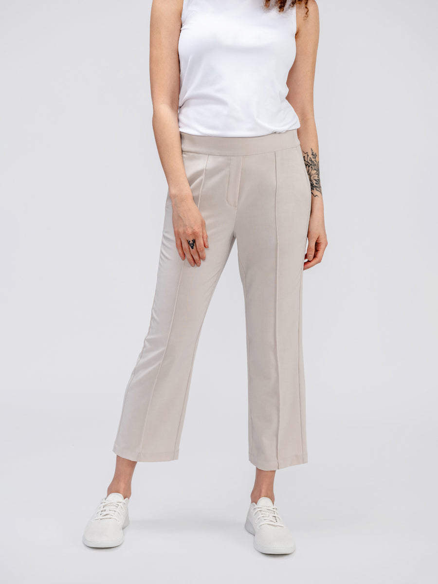 Women's Oatmeal Velocity Pull-On Pant and White Luxe Touch Tank on model on model 