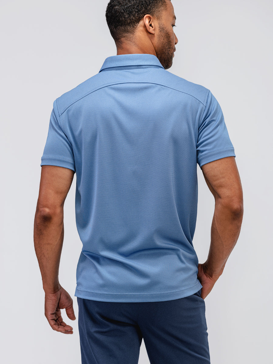 Back of Men's Apollo Polo Steel Blue on model