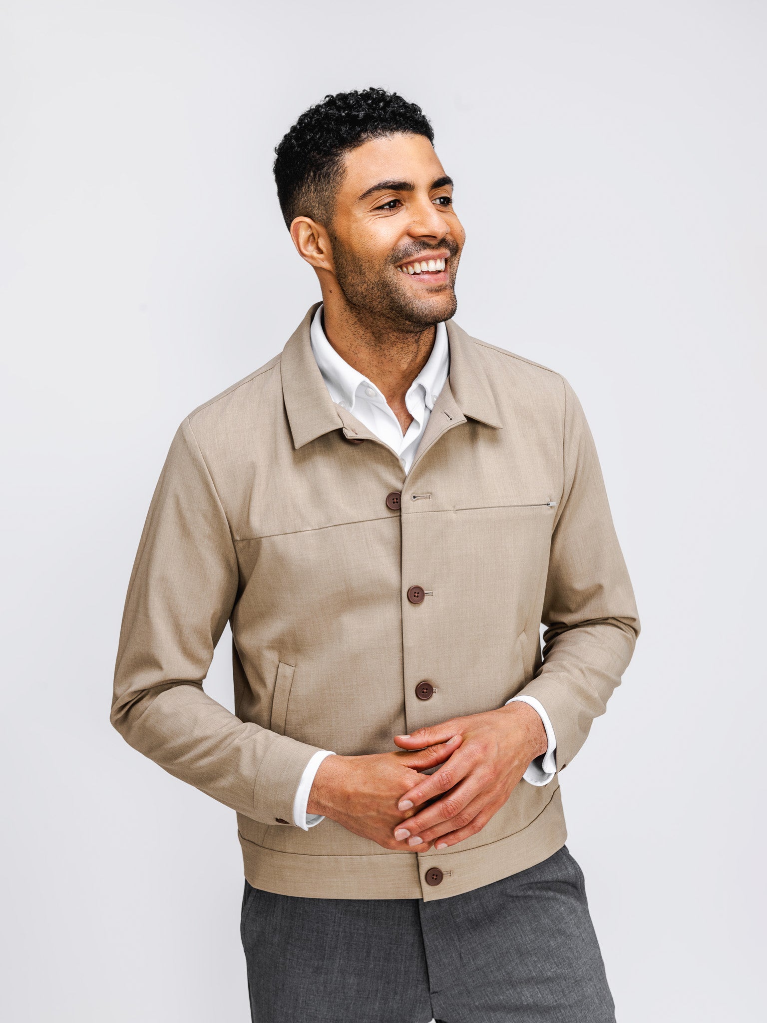 model wearing mens velocity shirt jacket flax