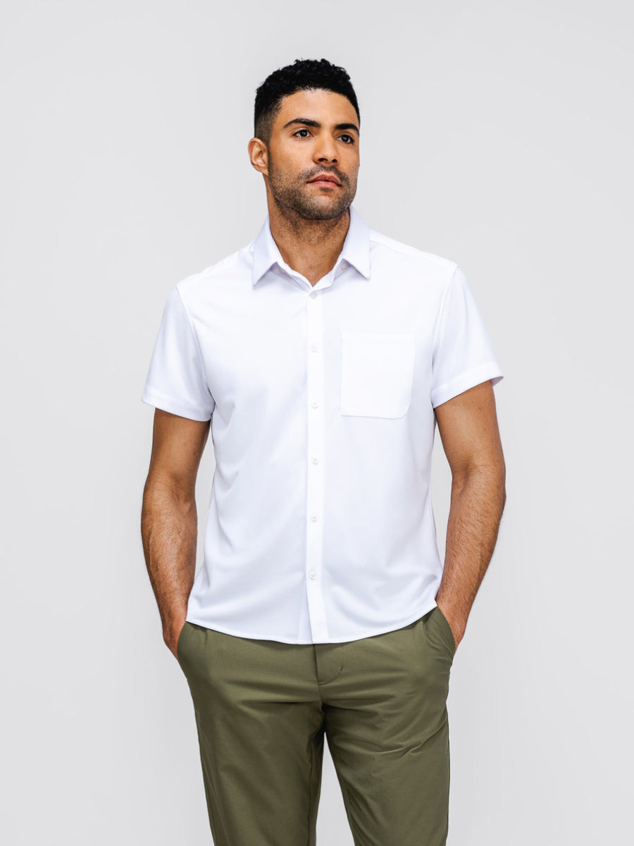 mens apollo short sleeve sport shirt white on model