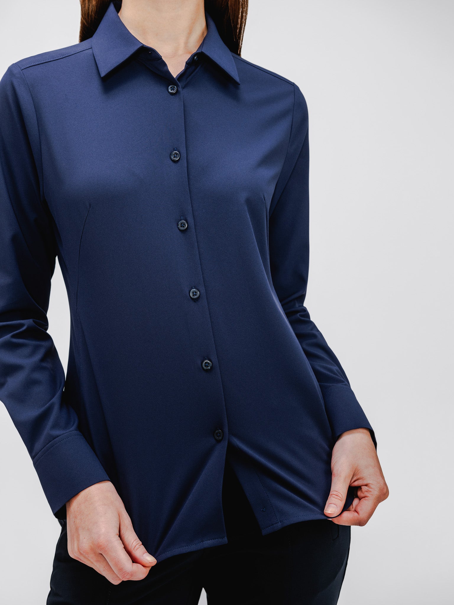 model wearing womens aerozero classic shirt navy