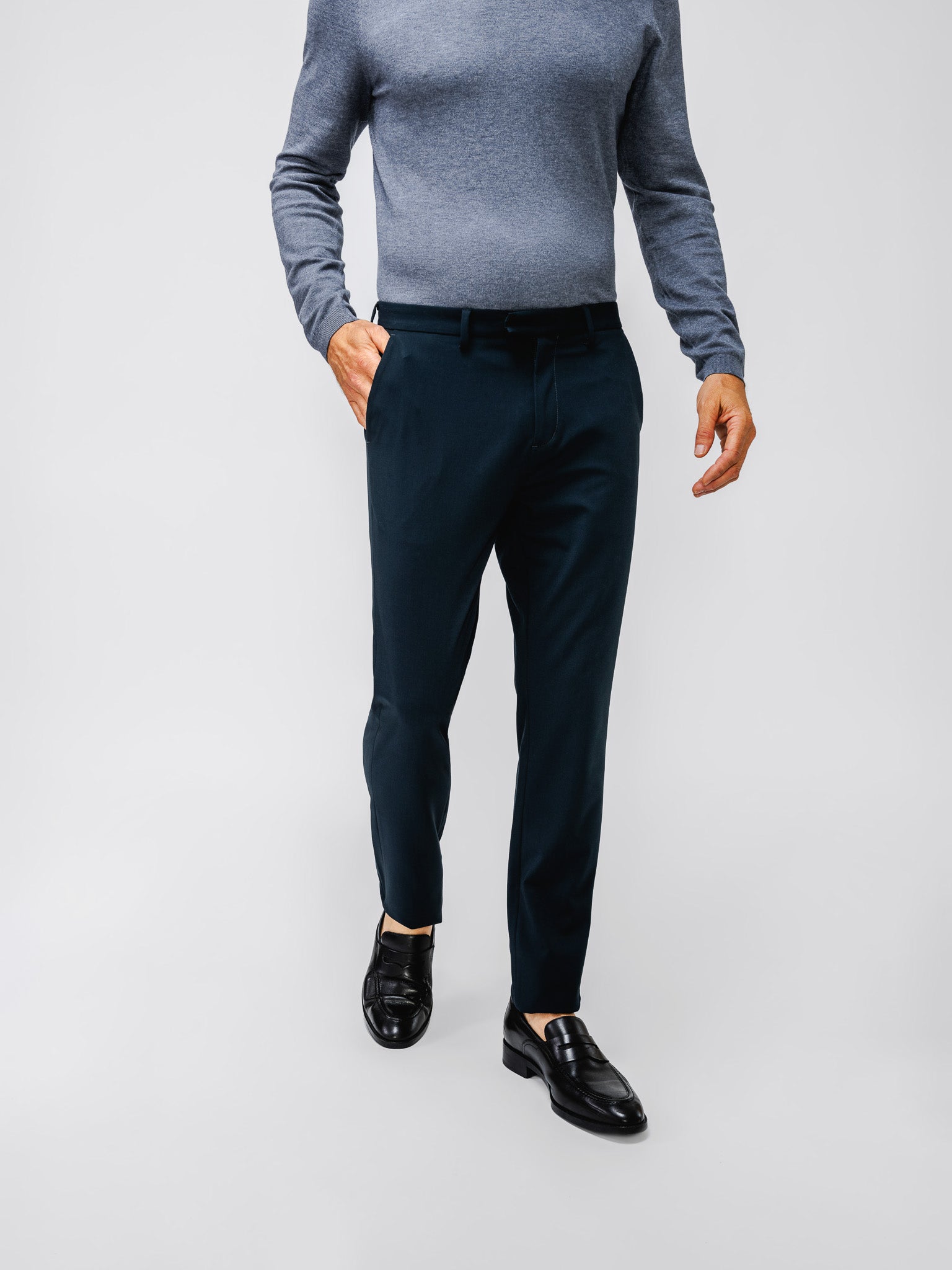 mens velocity dress pant dark navy on model in studio