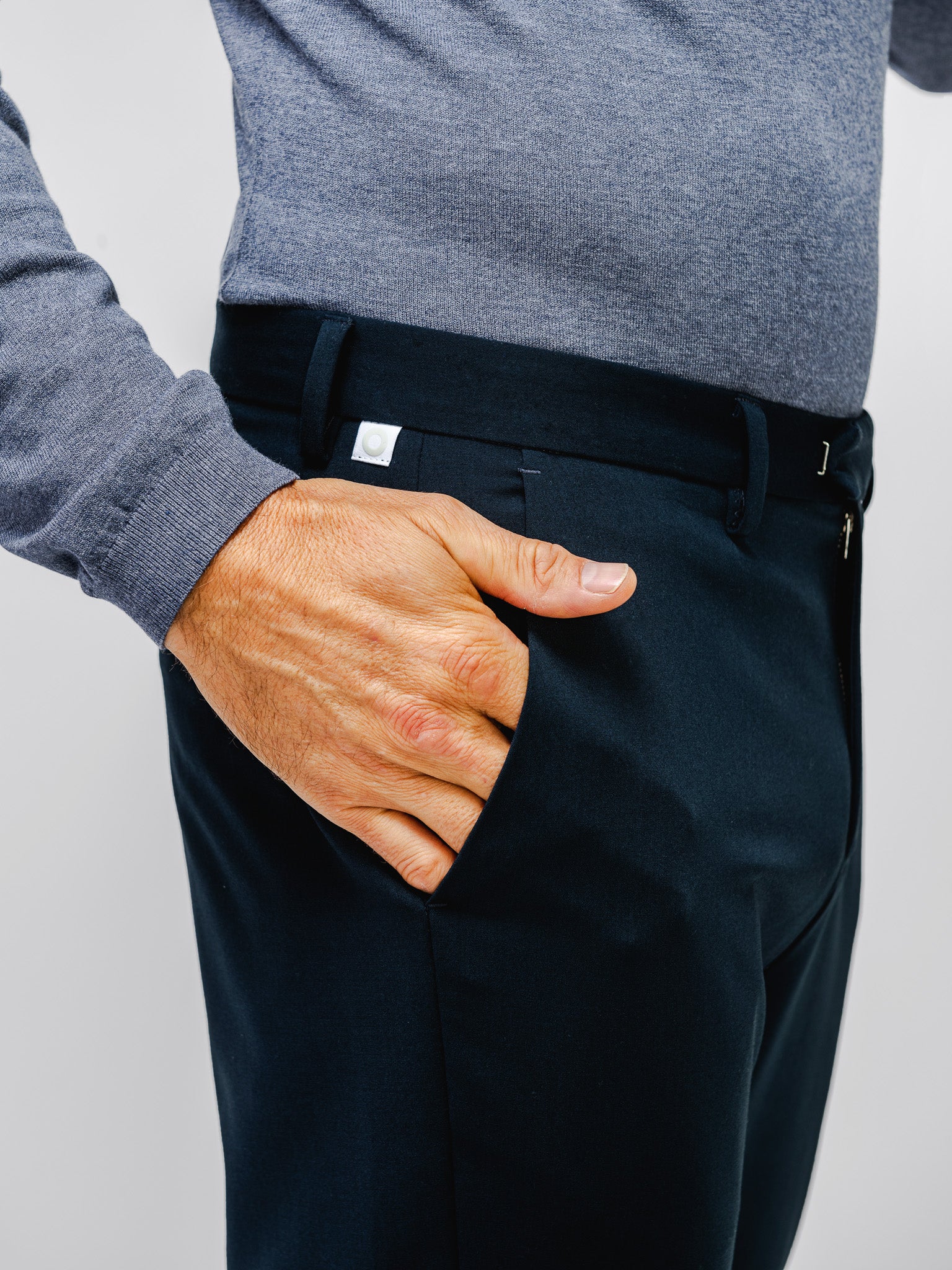 mens velocity dress pant dark navy on model in studio