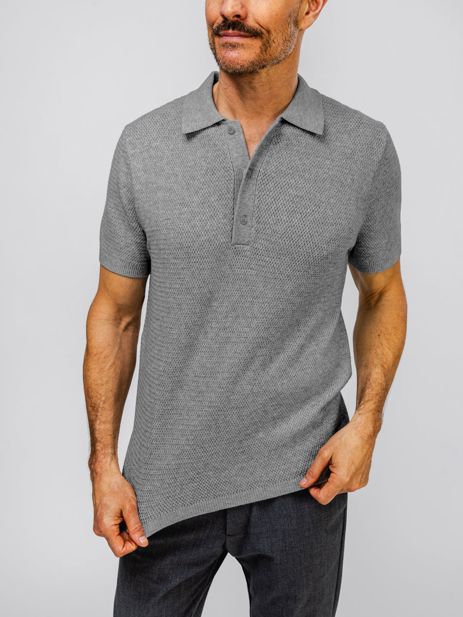 model wearing Men's Labs Atlas Short Sleeve Knit Polo mercury grey heather flat