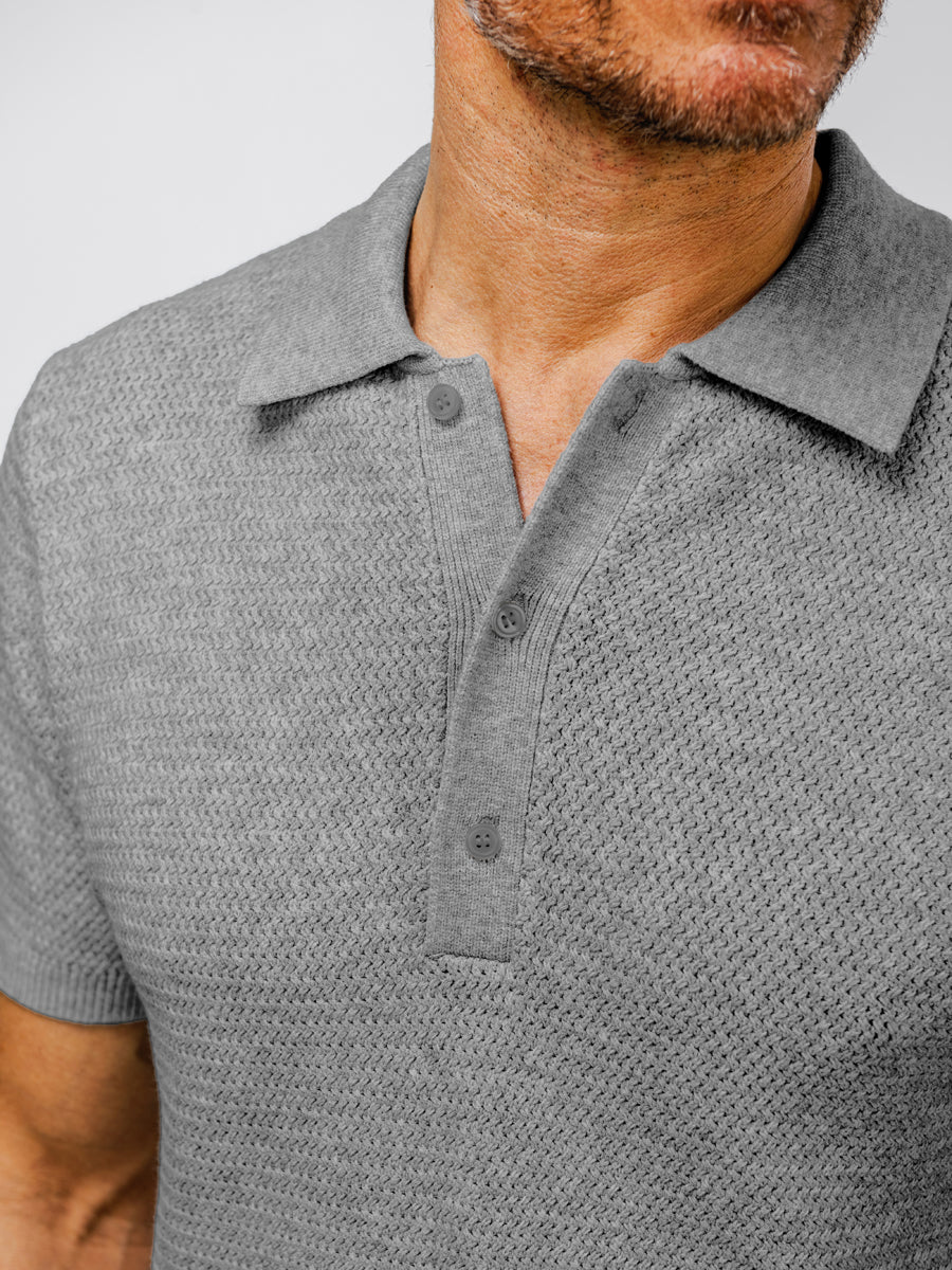 model wearing Men's Labs Atlas Short Sleeve Knit Polo mercury grey heather flat