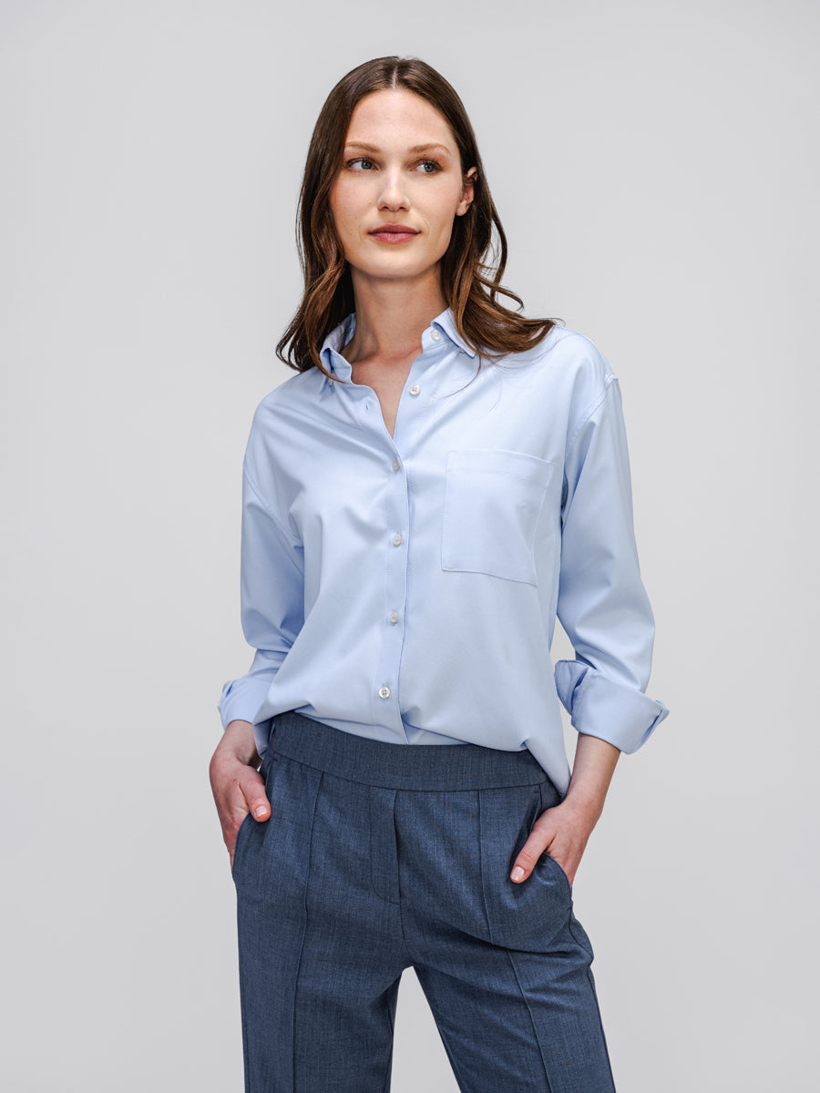 womens aero zero oversized shirt light blue on model in studio