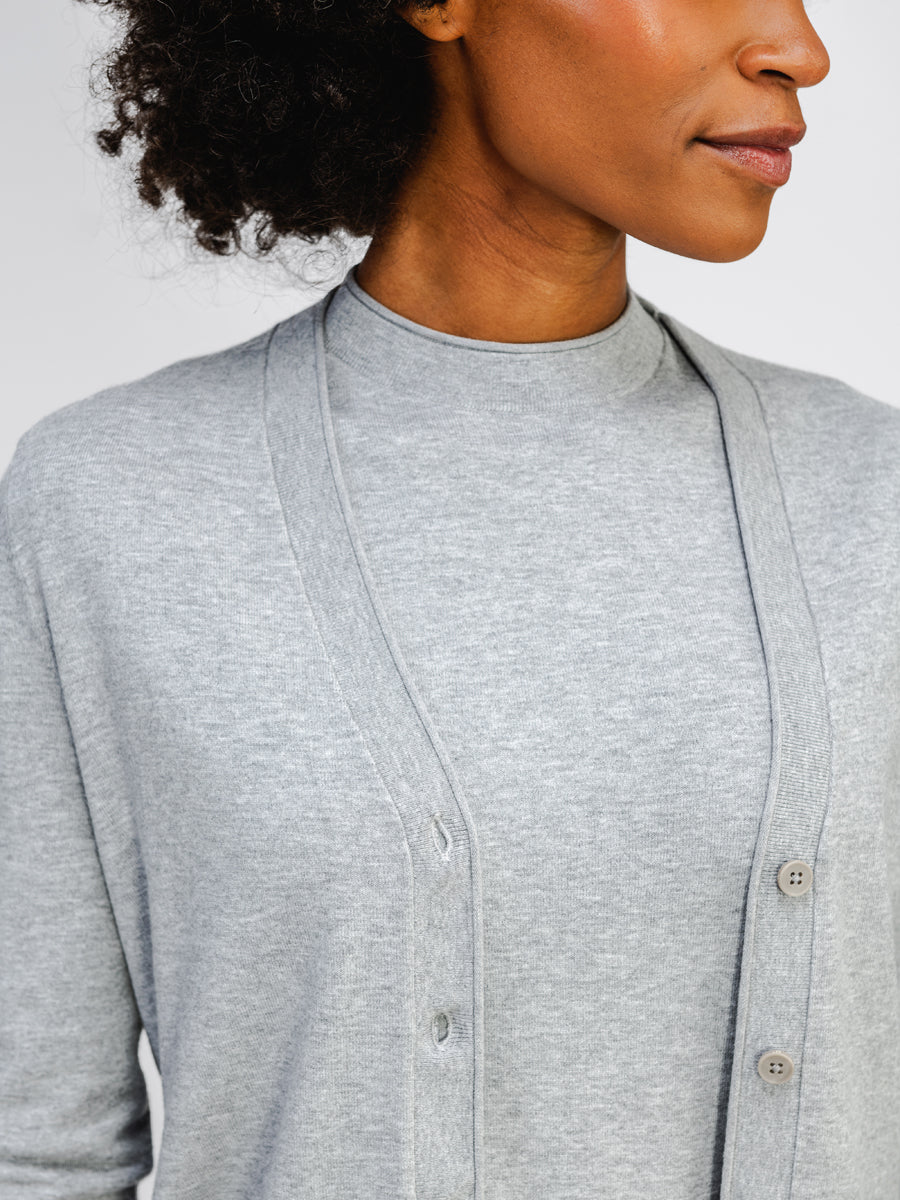 womens atlas air button front cardigan nickel grey heather on model in studio