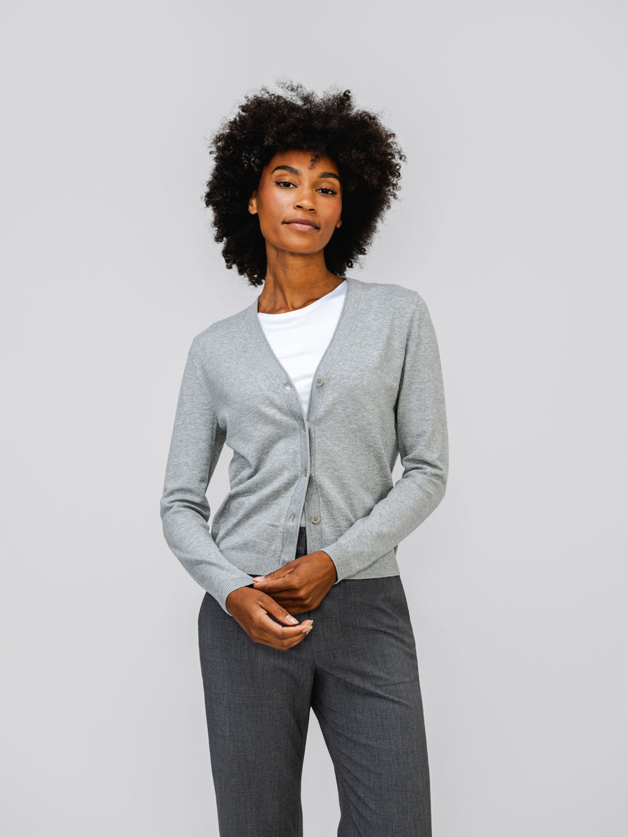 womens atlas air button front cardigan nickel grey heather on model in studio