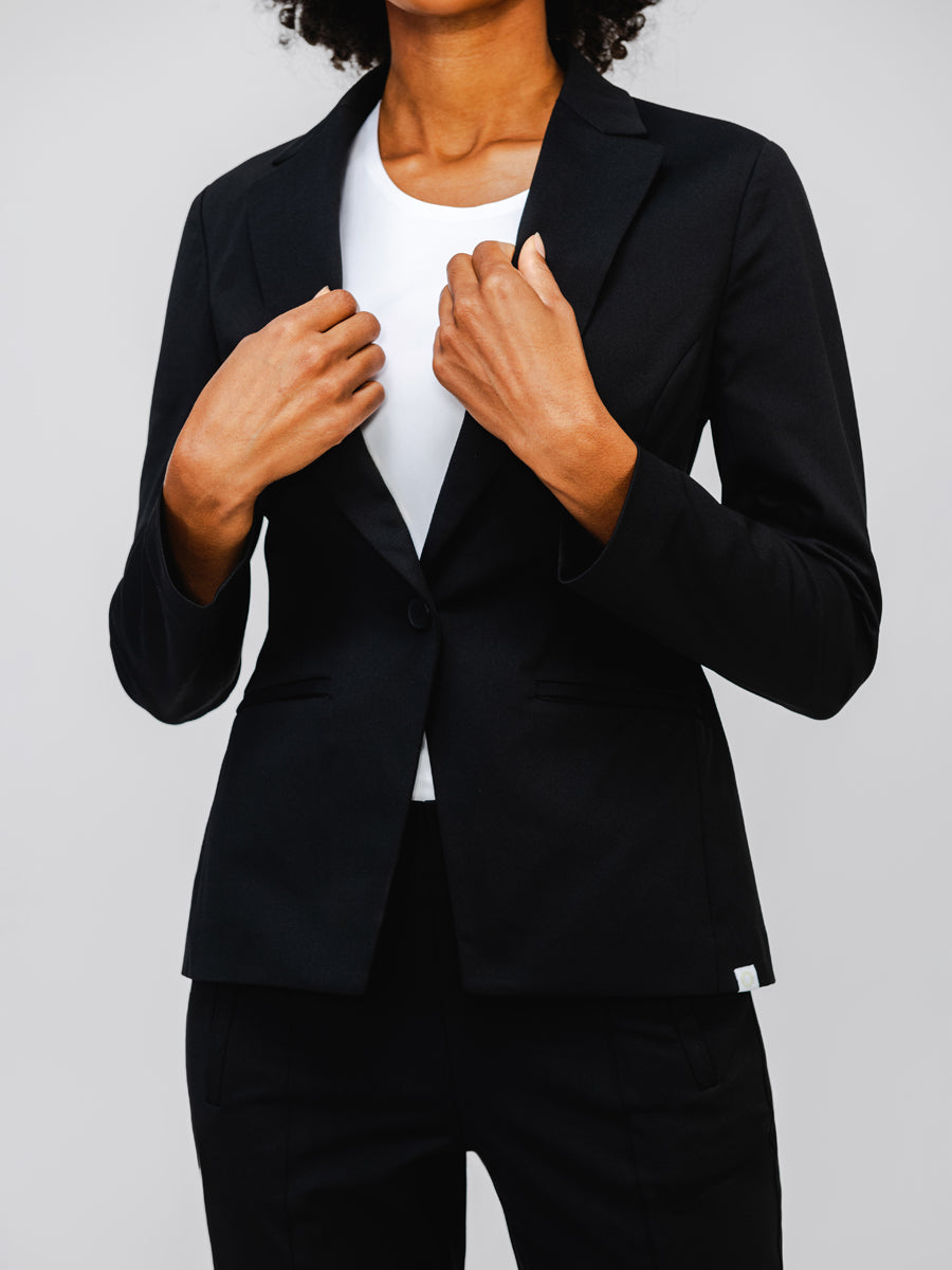 Women's Kinetic Tailored Blazer black on model in studio