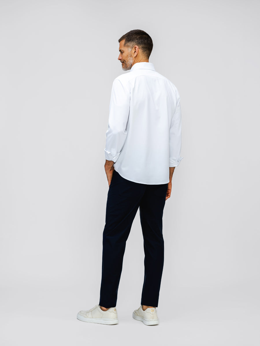 mens kinetic twill 5 pocket pant navy on model in studio