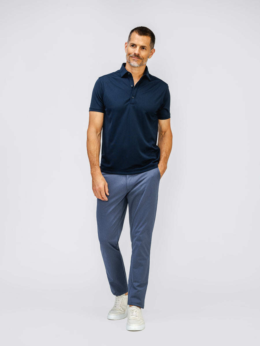 mens kinetic pant shadow blue heather mens apollo polo navy on model in studio